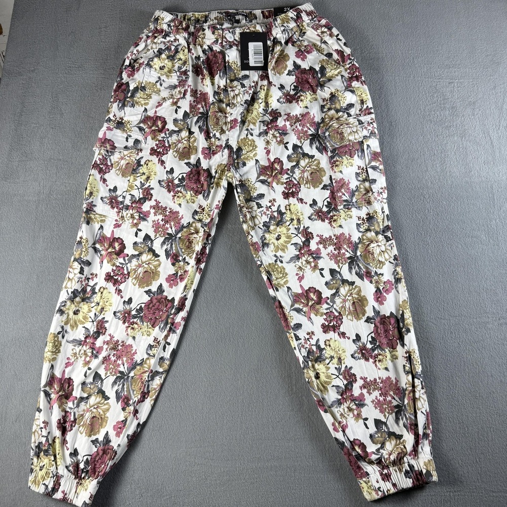 Double Denim Pants Womens 2X Multicolor Floral Cargo Tapered Leg Elastic Cuffed